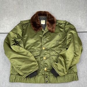 Vintage Tuffy Jac Olive Green Satin Bomber Jacket Faux Fur Collar Mens 46L Y2K